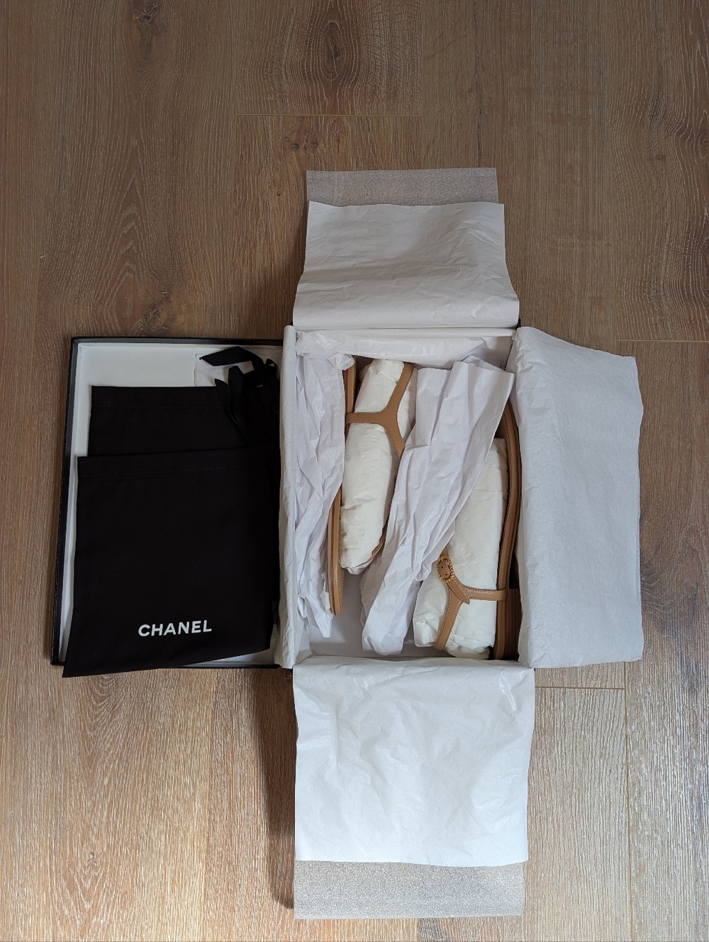 CHANEL Tan Leather T-Strap Sandals with Gold CC Hardware - Picture 9 of 9